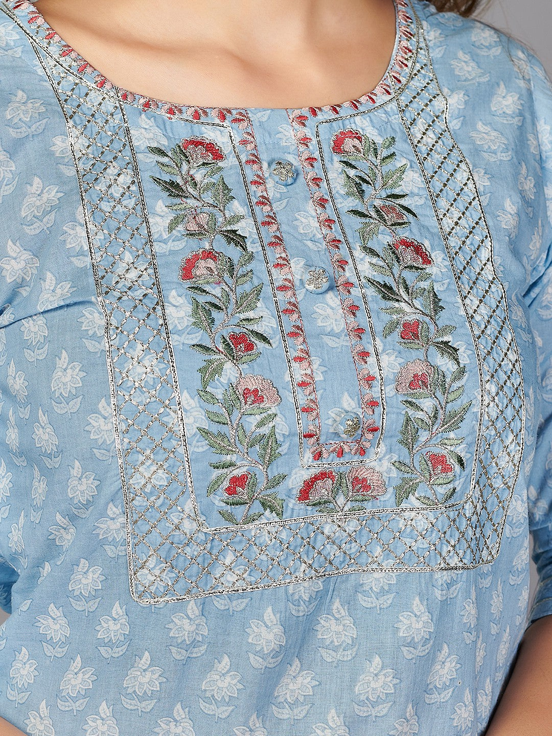 Sky Blue Embroidered Straight Cotton Kurta Set