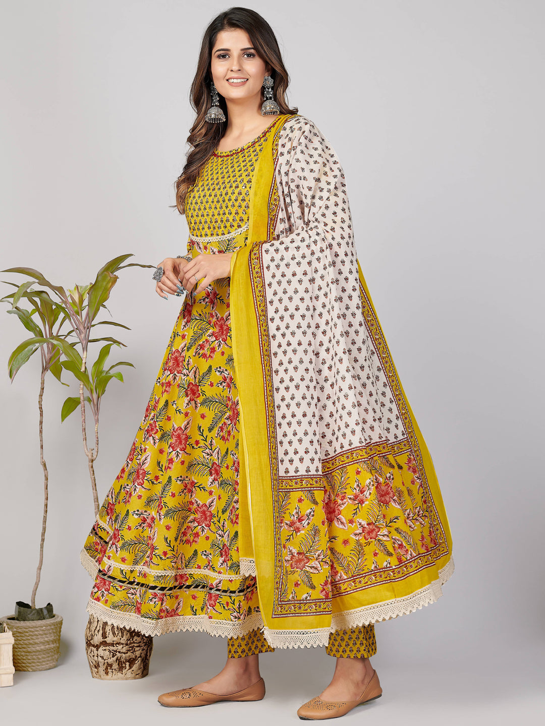 Yellow Embroidered Anarkali Cotton Kurta Set