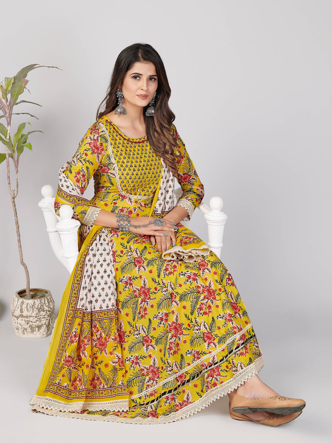 Yellow Embroidered Anarkali Cotton Kurta Set