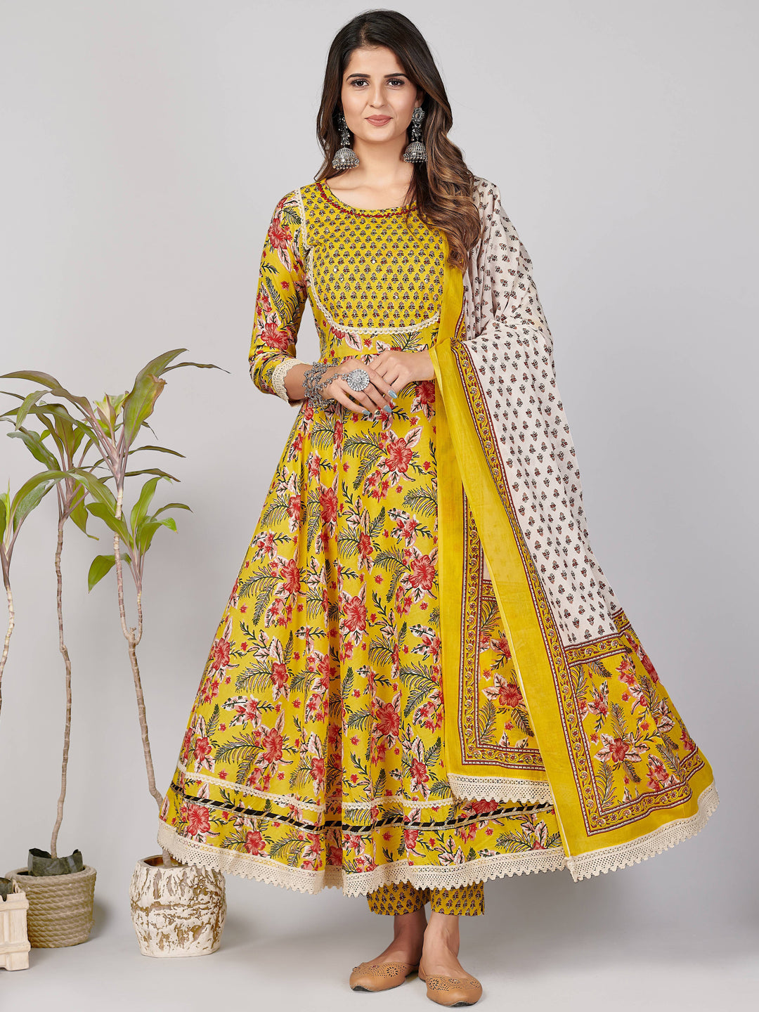 Yellow Embroidered Anarkali Cotton Kurta Set