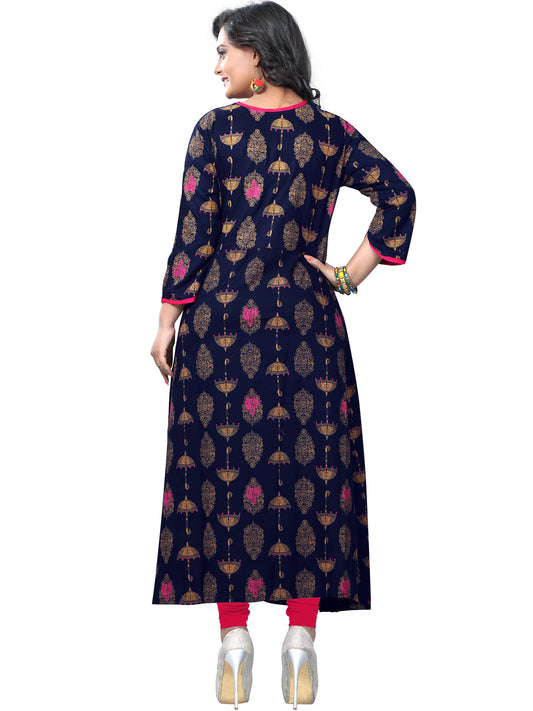 Blue Printed Rayon A-Line Kurti