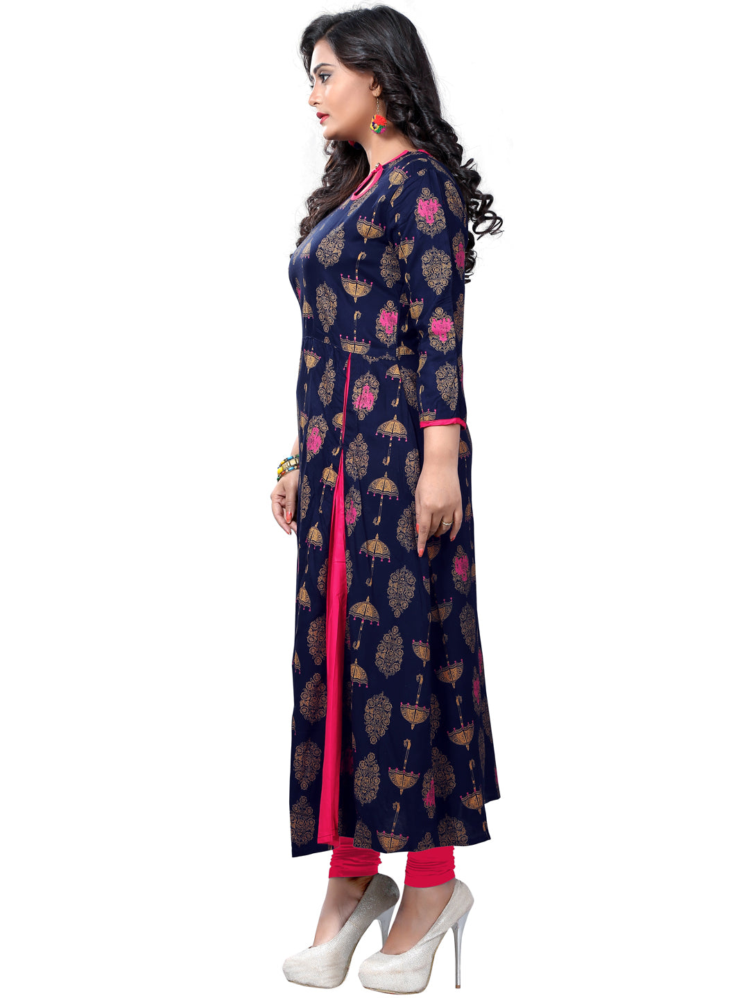 Blue Printed Rayon A-Line Kurti