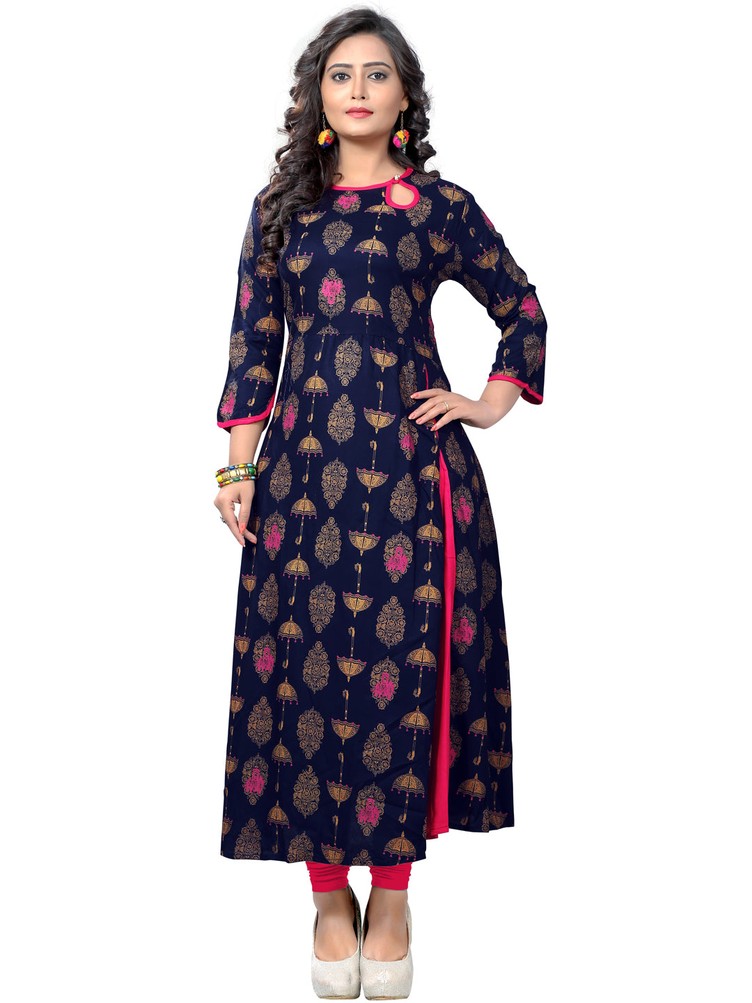 Blue Printed Rayon A-Line Kurti