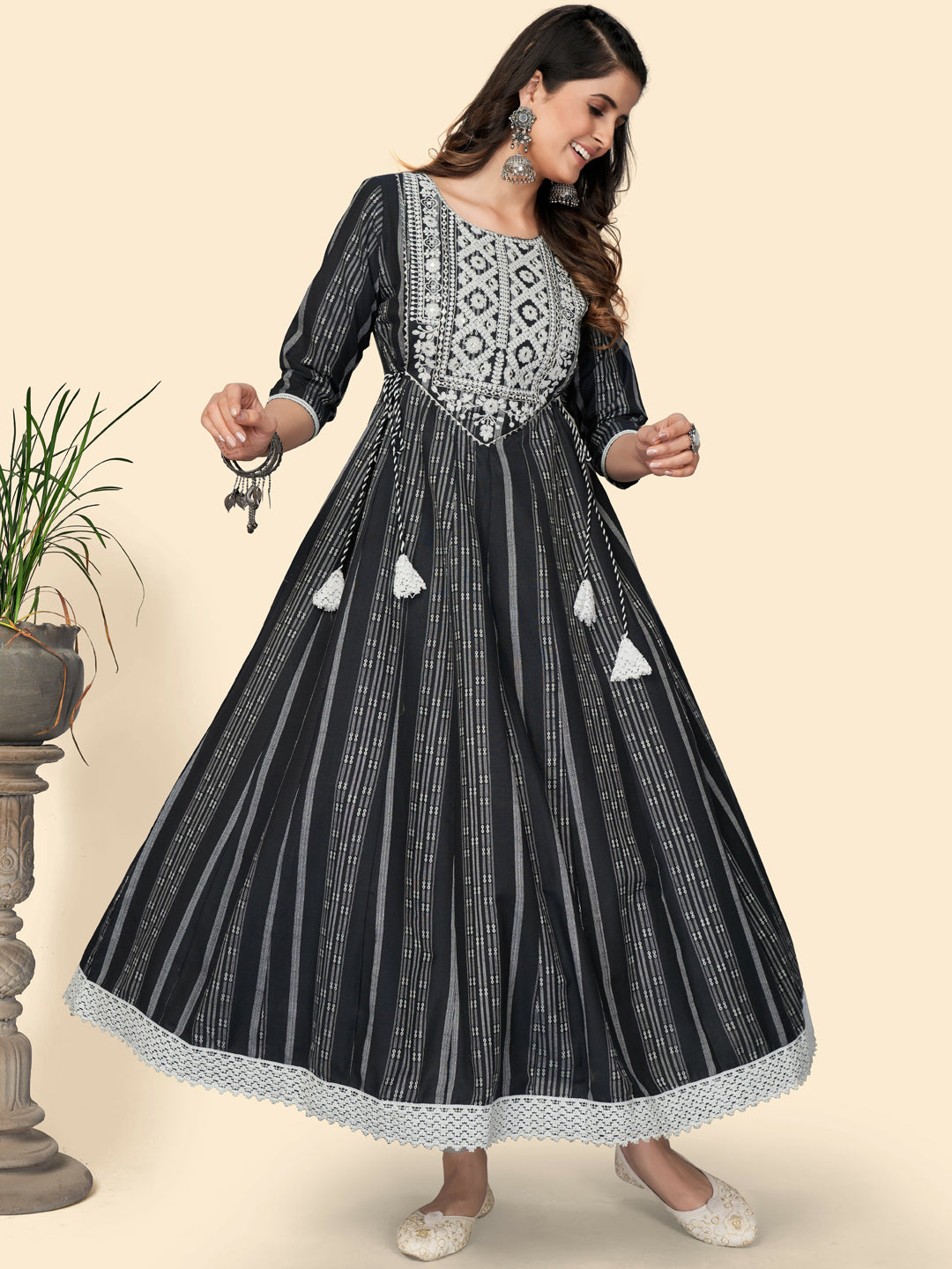 Black Embroidered Anarkali Cotton Kurta