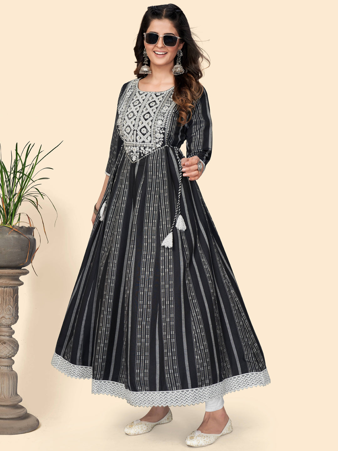 Black Embroidered Anarkali Cotton Kurta