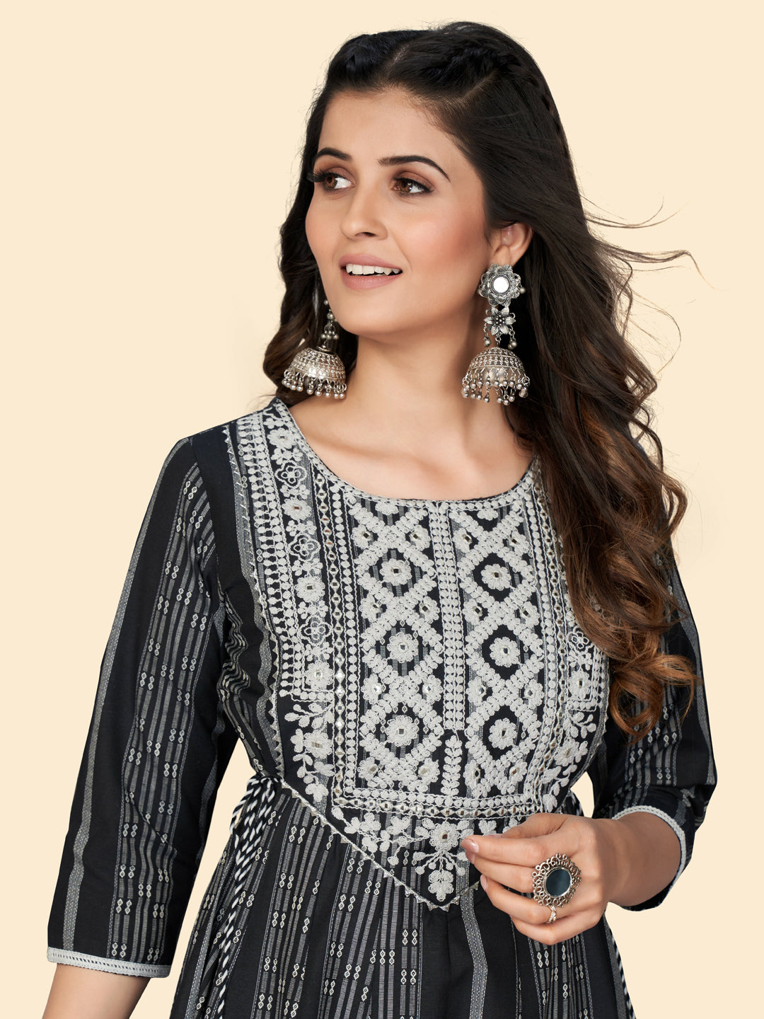 Black Embroidered Anarkali Cotton Kurta