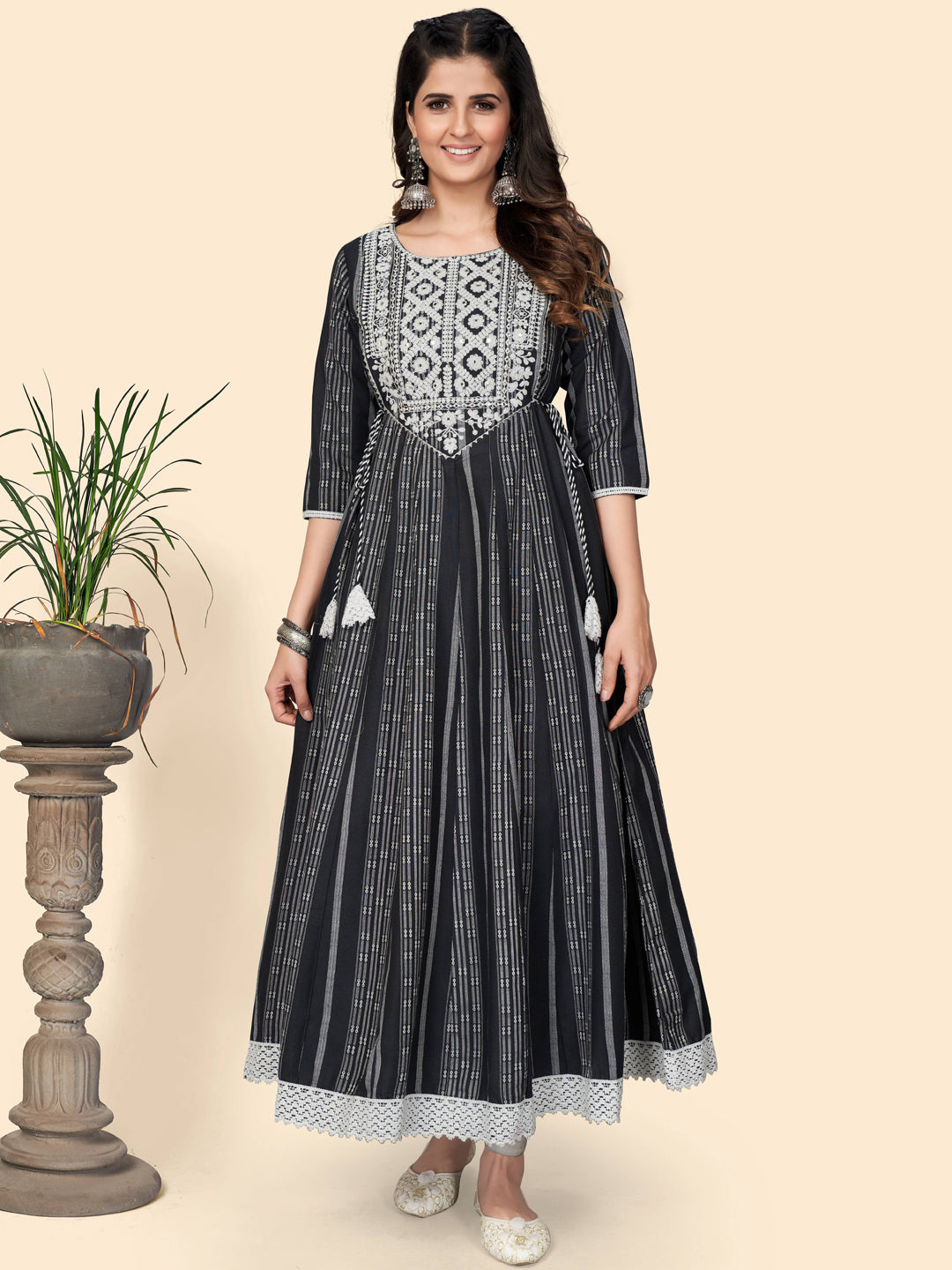 Black Embroidered Anarkali Cotton Kurta