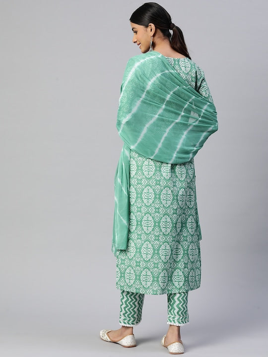 Sea Green Straight Cotton Kurta Set