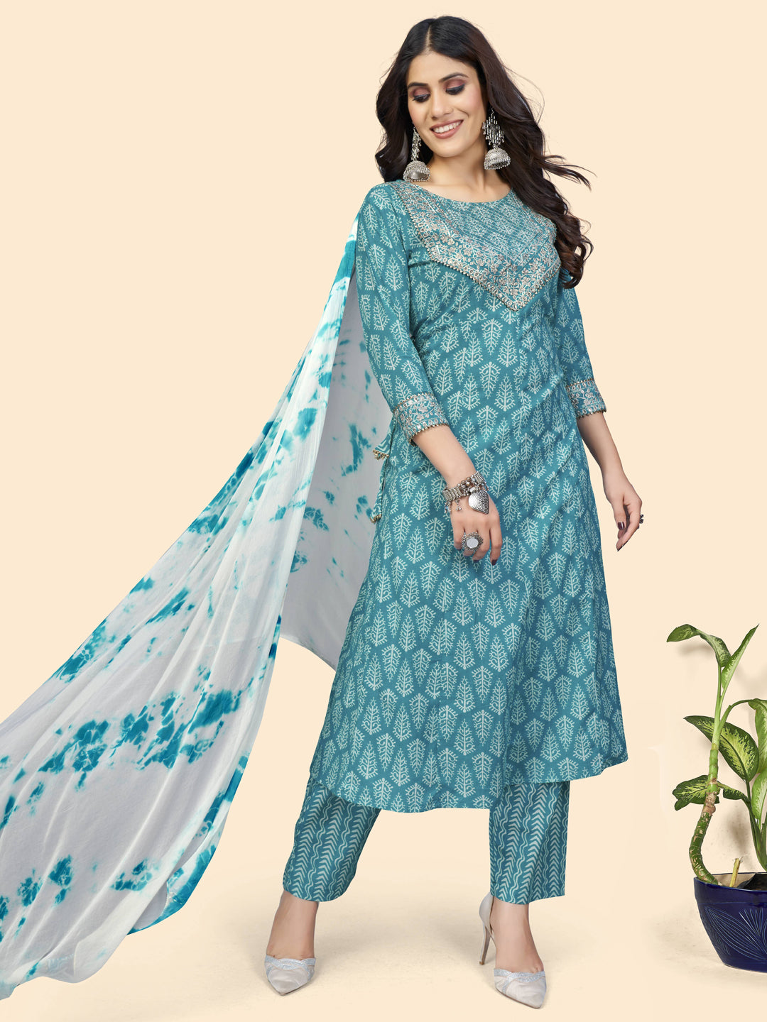 Sky Blue Sequience A-Line Cotton Kurta Set