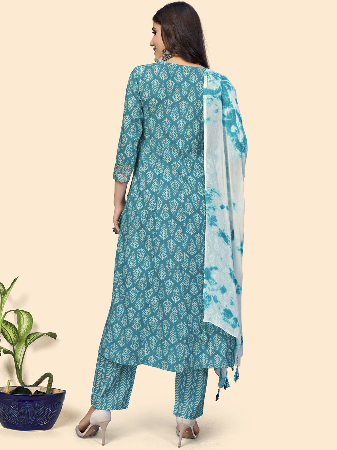 Sky Blue Sequience A-Line Cotton Kurta Set