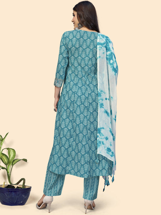 Sky Blue Sequience A-Line Cotton Kurta Set