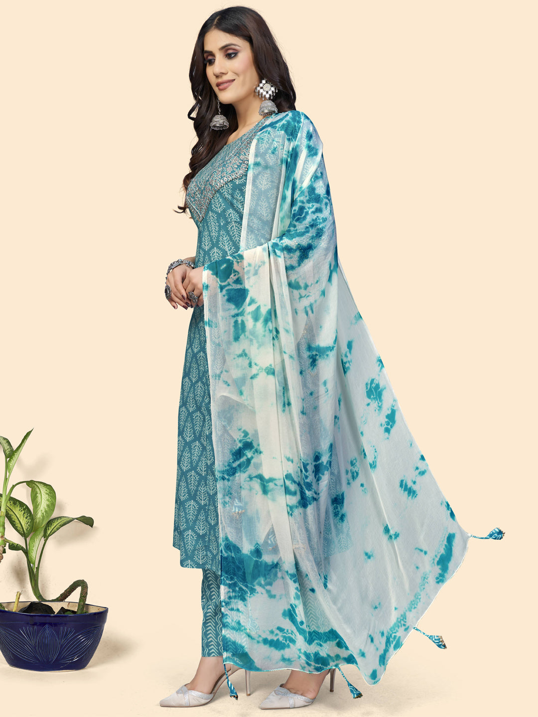 Sky Blue Sequience A-Line Cotton Kurta Set