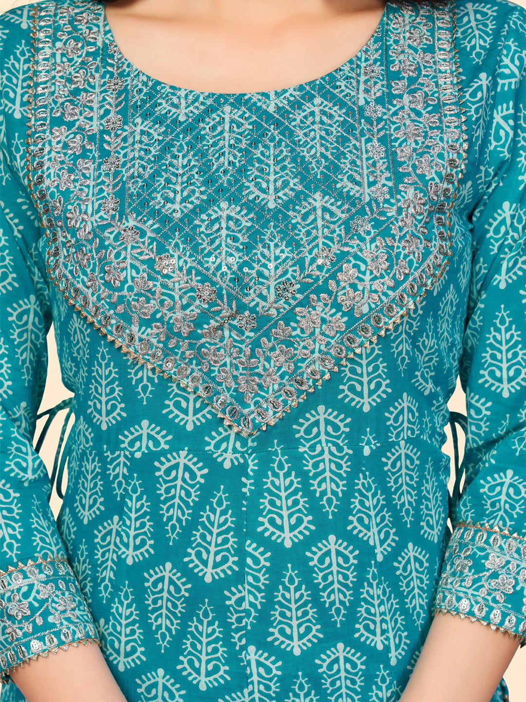 Sky Blue Sequience A-Line Cotton Kurta Set