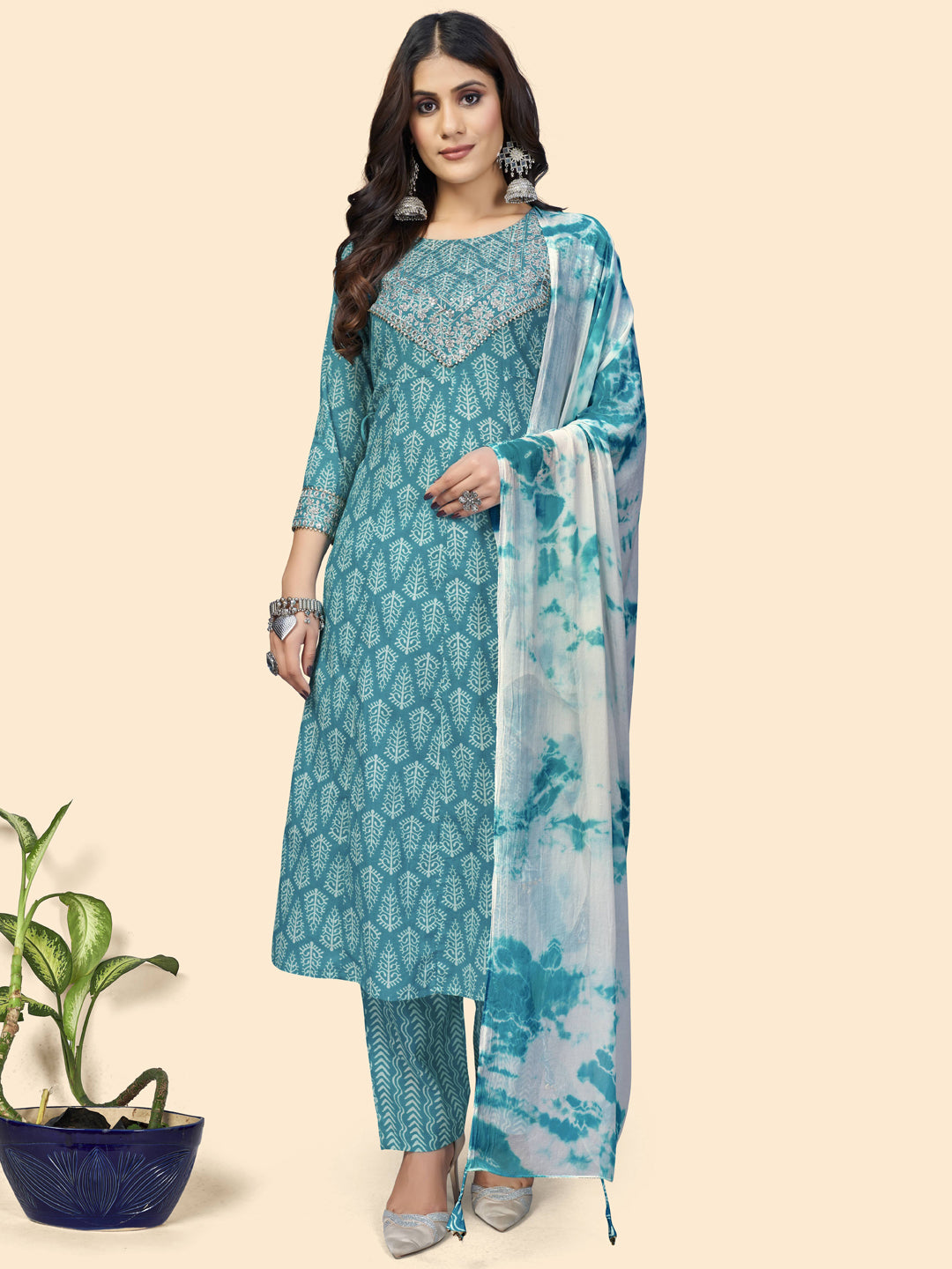 Sky Blue Sequience A-Line Cotton Kurta Set