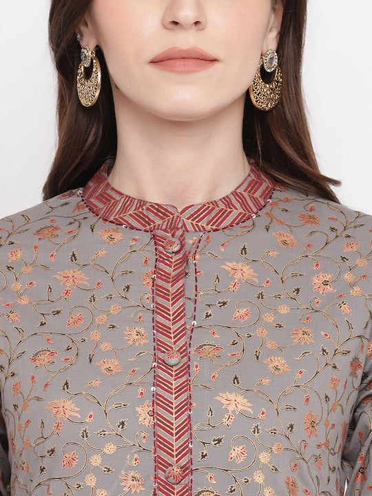 Grey Printed Straight Cotton Kurti Set