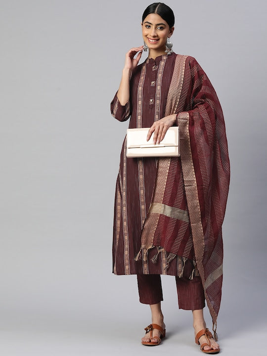 Maroon Straight Cotton Blend Kurta Set