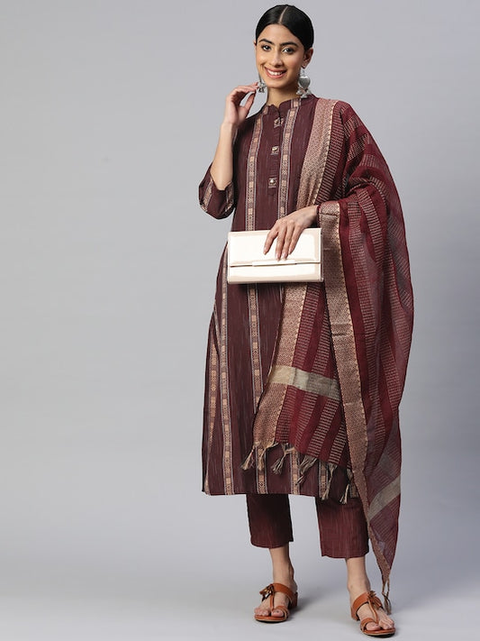 Maroon Straight Cotton Blend Kurta Set