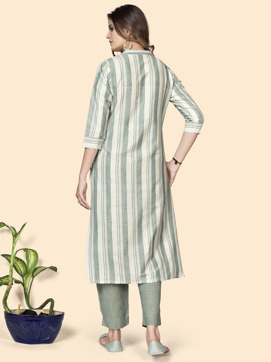 Pista Striped Print Straight Cotton Blend Kurta