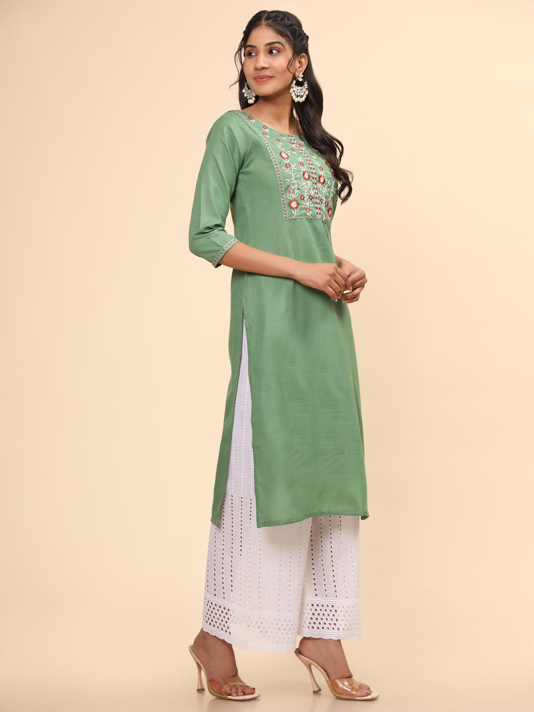 Green Embroidered Straight Cotton Blend Kurta
