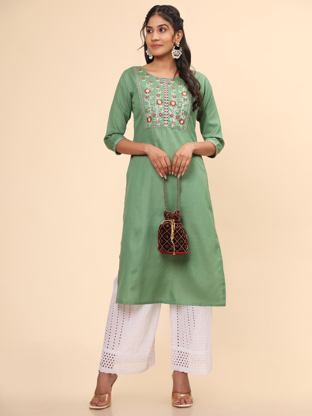 Green Embroidered Straight Cotton Blend Kurta