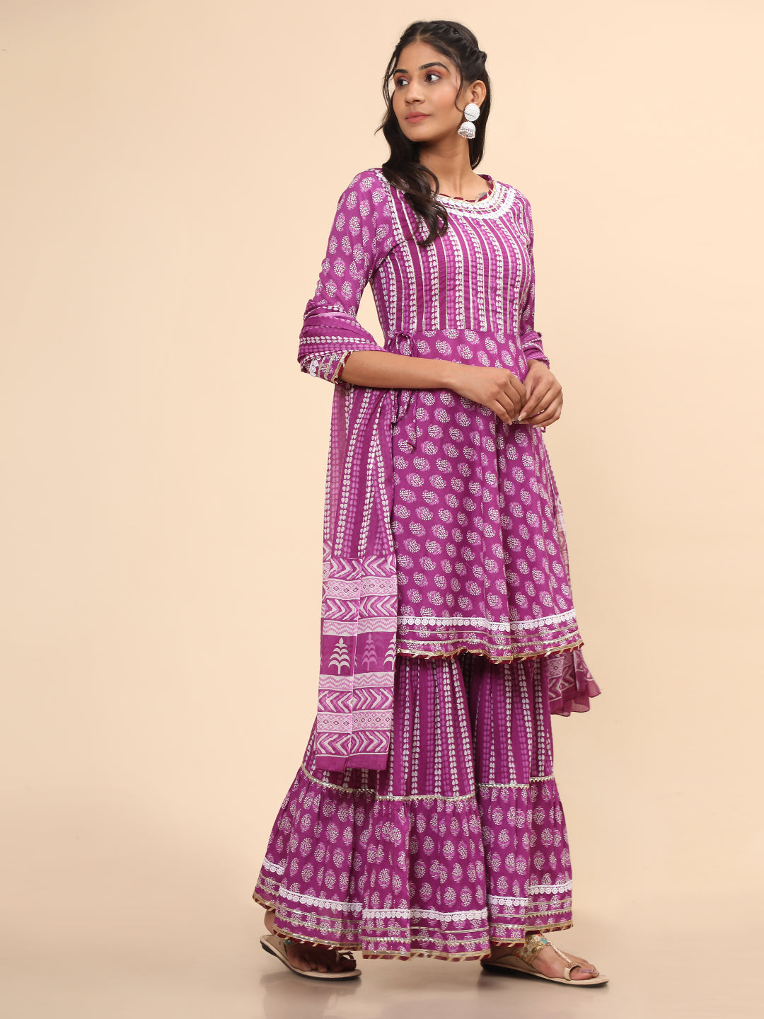 Flared Cotton Purple Kurta Set