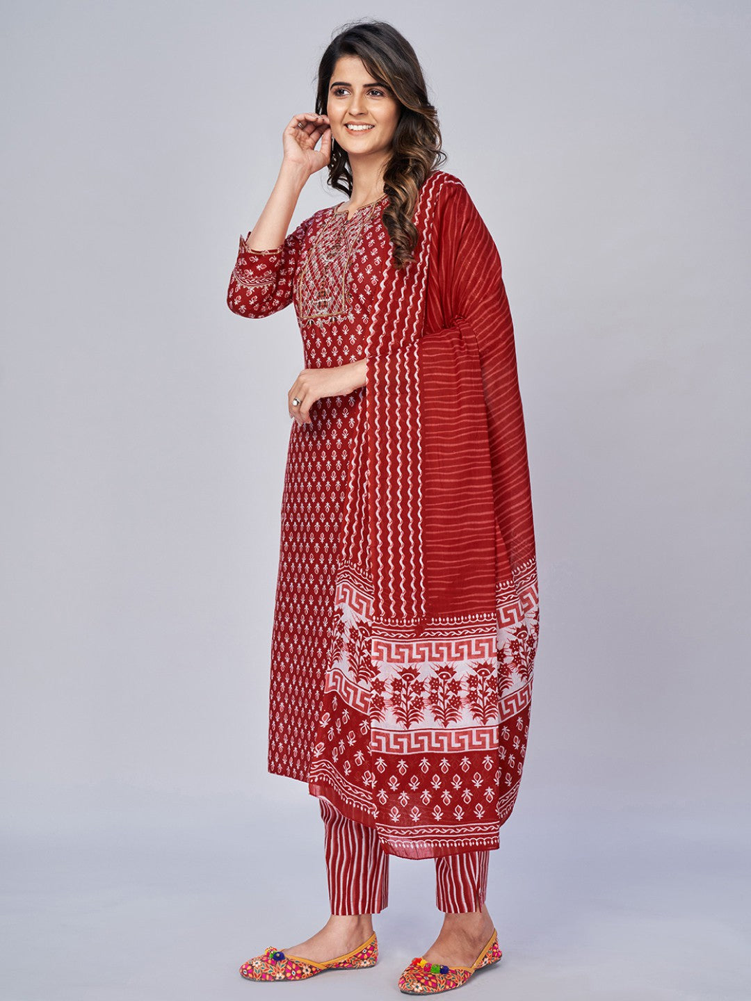 Red Embroidered Straight Cotton Kurta Set
