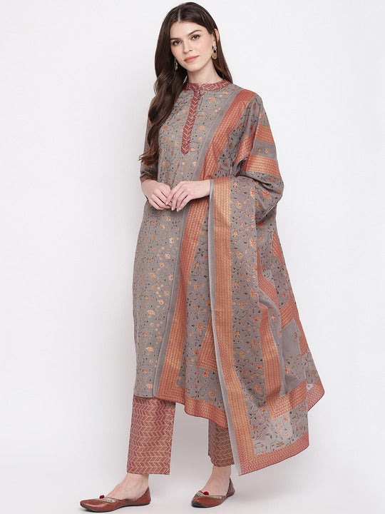 Grey Printed Straight Cotton Kurti Set