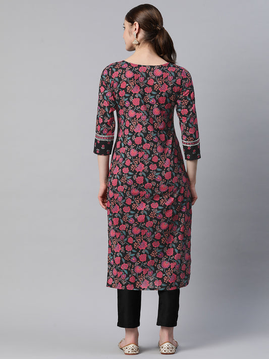 Pink Embroidered Straight Cotton Kurta