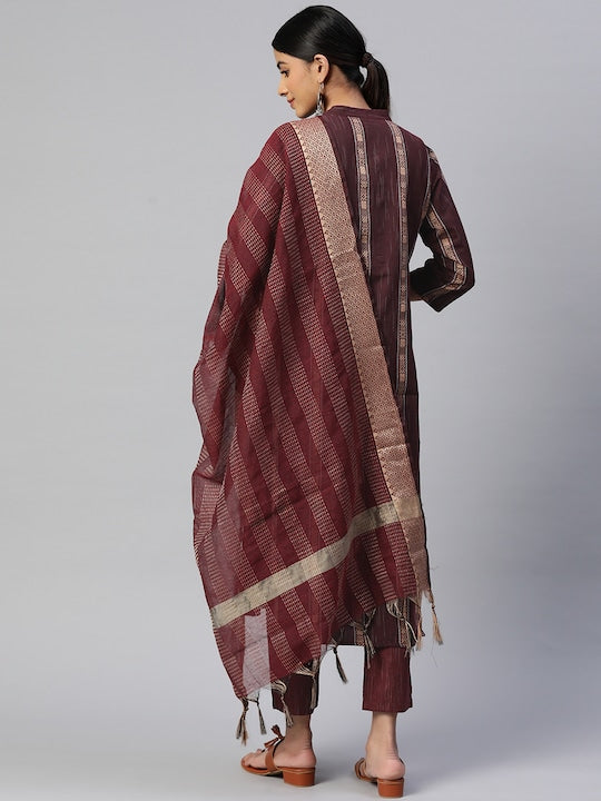 Maroon Straight Cotton Blend Kurta Set