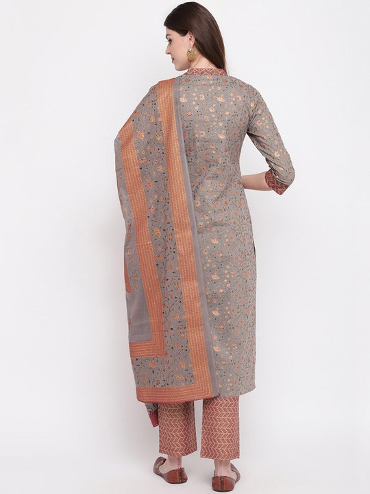 Grey Printed Straight Cotton Kurti Set