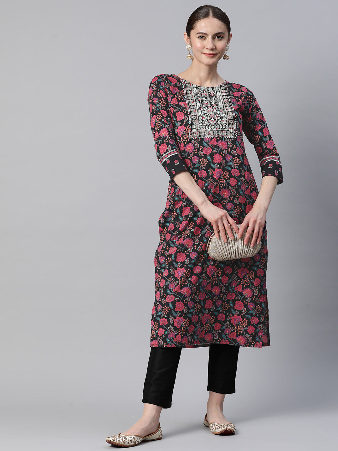 Pink Embroidered Straight Cotton Kurta