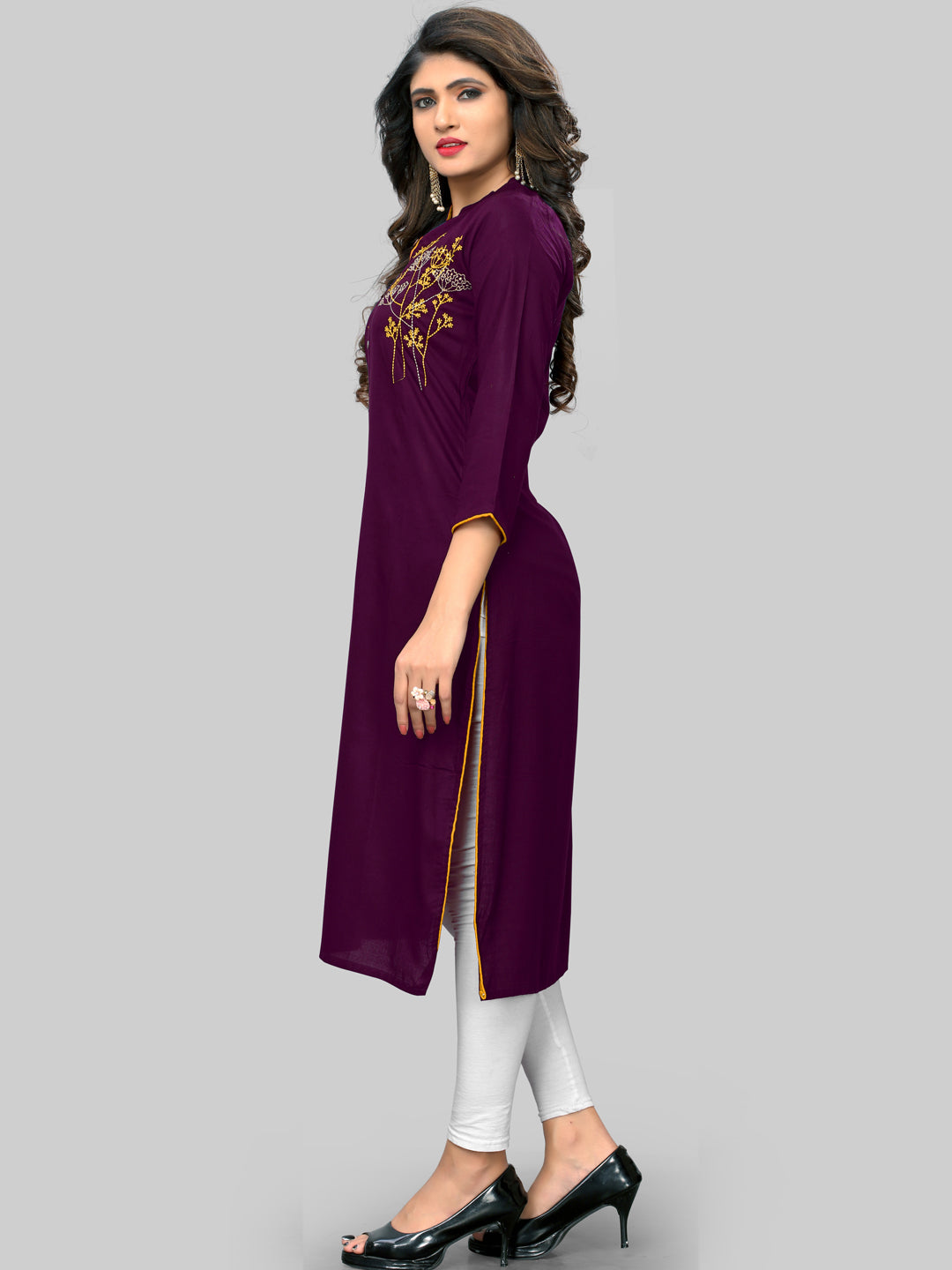 Embroidered Straight Rayon Purple Kurti
