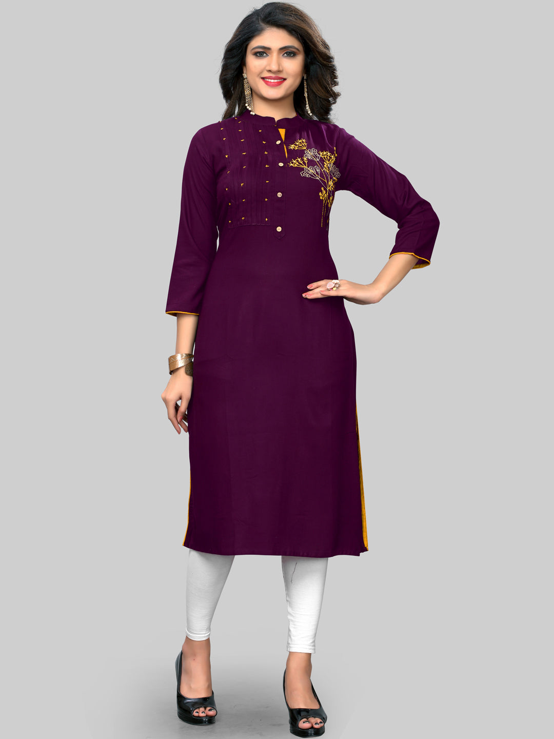 Embroidered Straight Rayon Purple Kurti