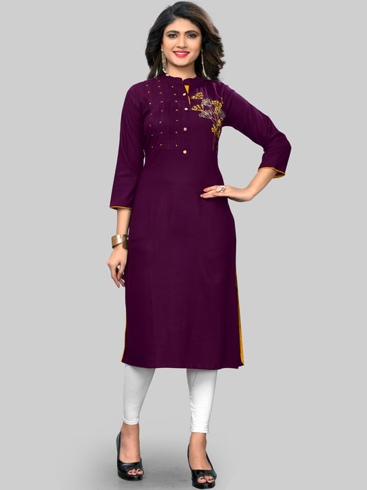 Embroidered Straight Rayon Purple Kurti