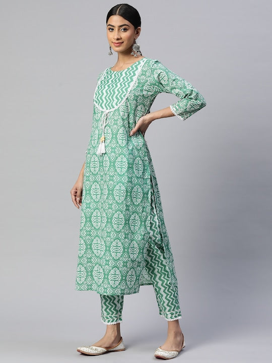 Sea Green Straight Cotton Kurta Set