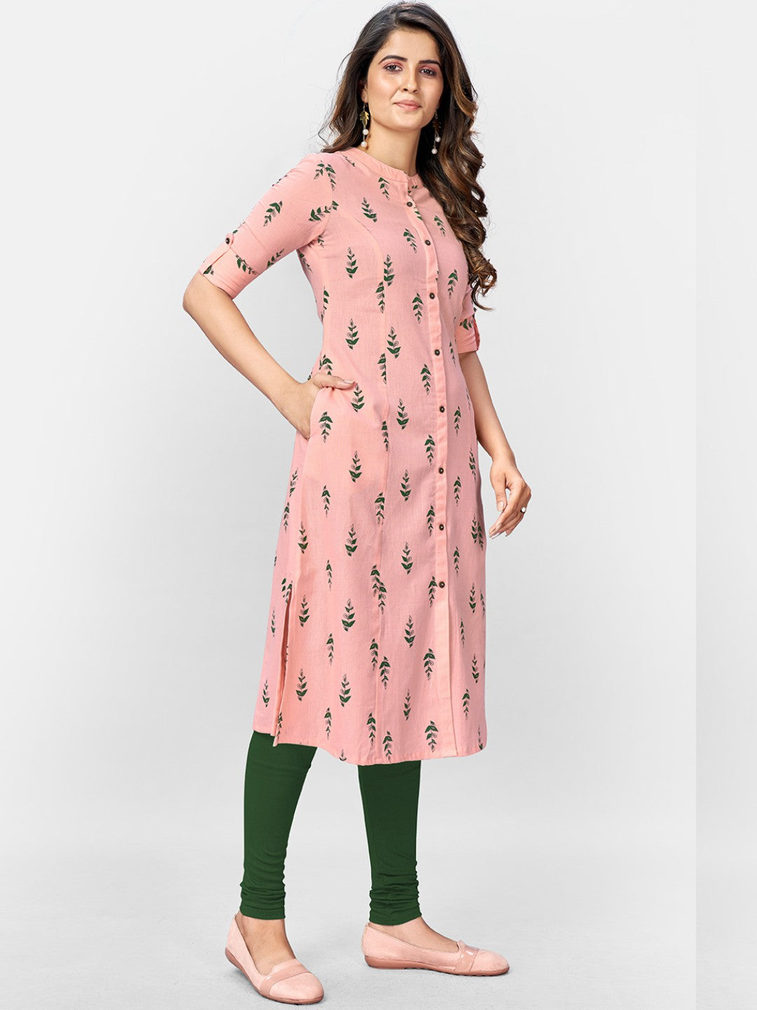 Pink Cotton Flex Printed A-Line Kurta