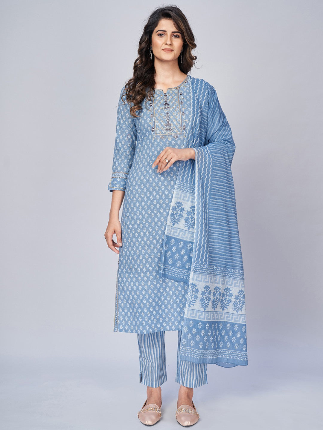 Sky Blue Embroidered Straight Cotton Kurta Set