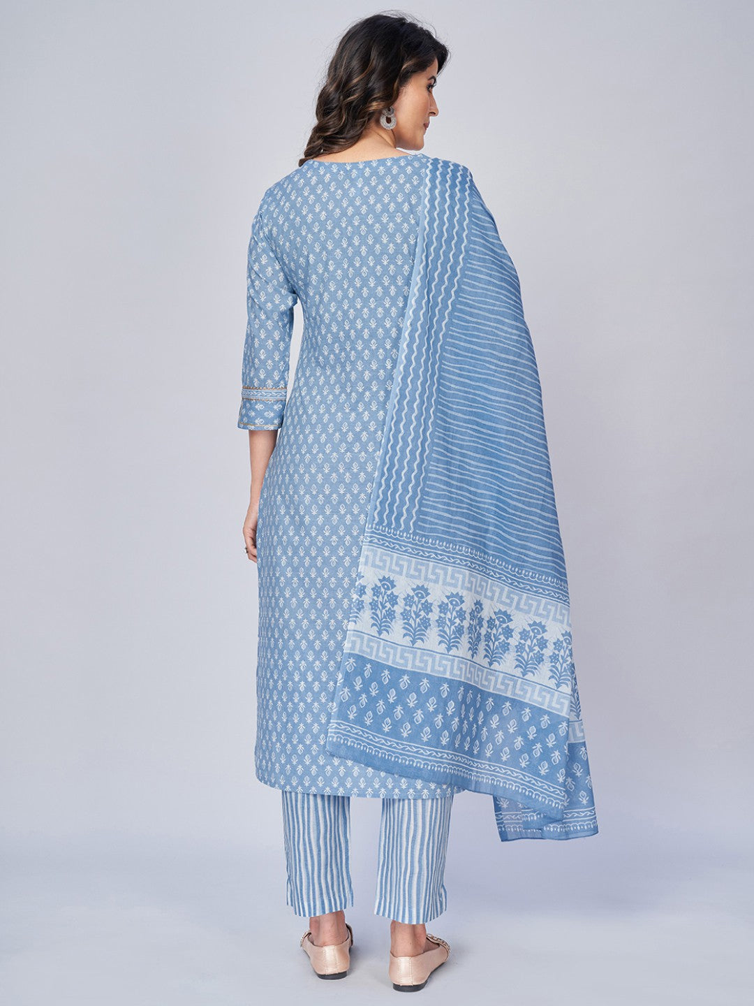 Sky Blue Embroidered Straight Cotton Kurta Set
