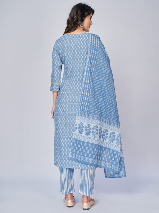 Sky Blue Embroidered Straight Cotton Kurta Set
