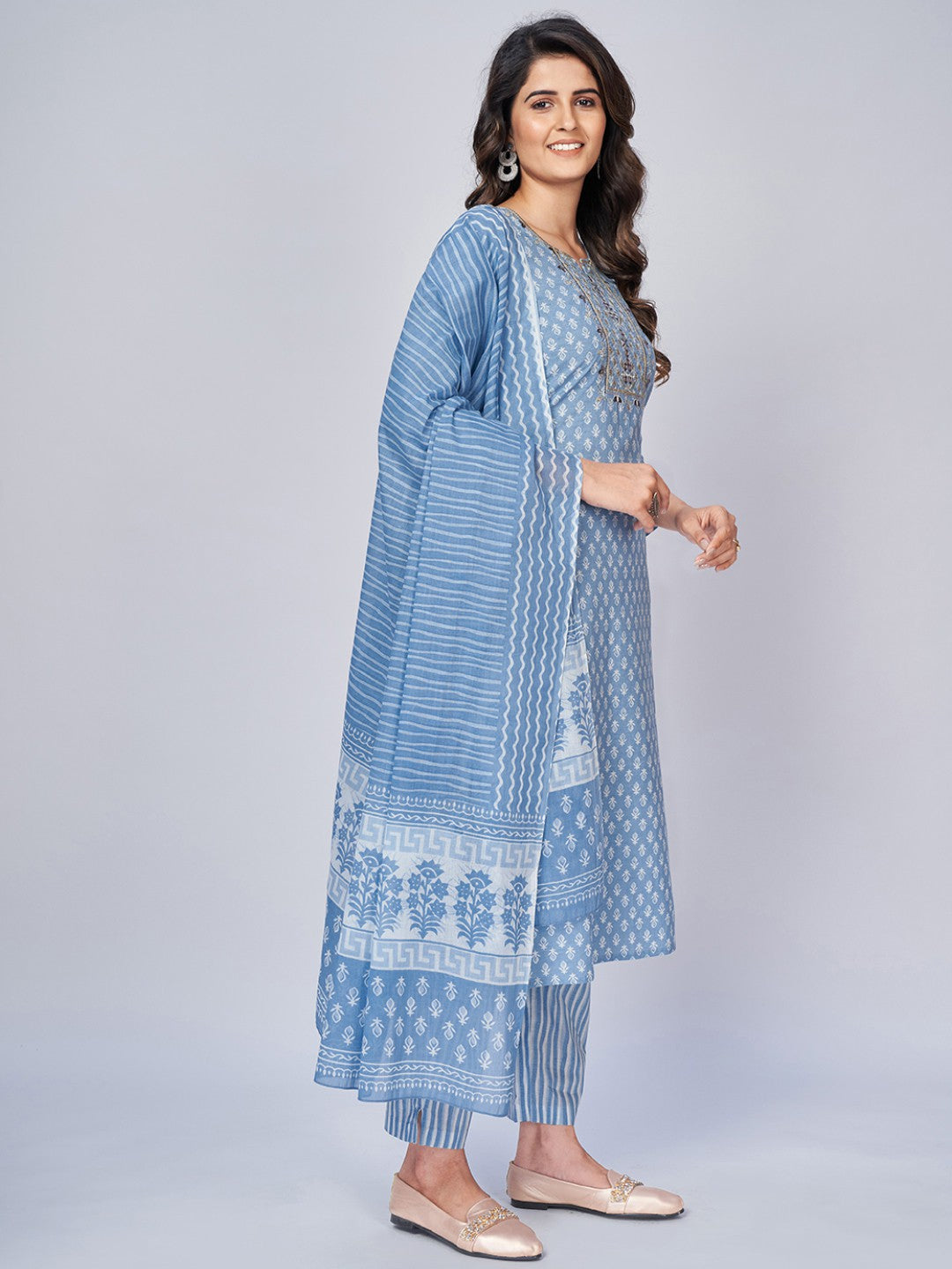 Sky Blue Embroidered Straight Cotton Kurta Set