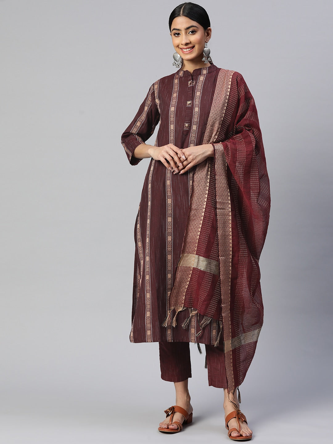 Maroon Straight Cotton Blend Kurta Set