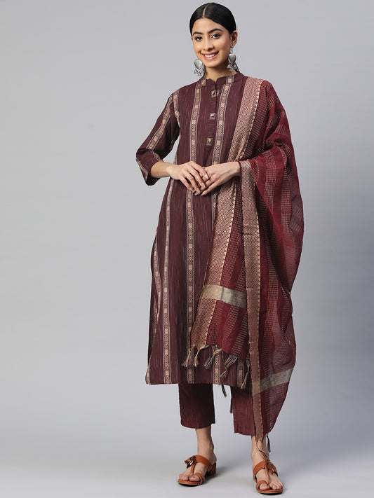 Maroon Straight Cotton Blend Kurta Set
