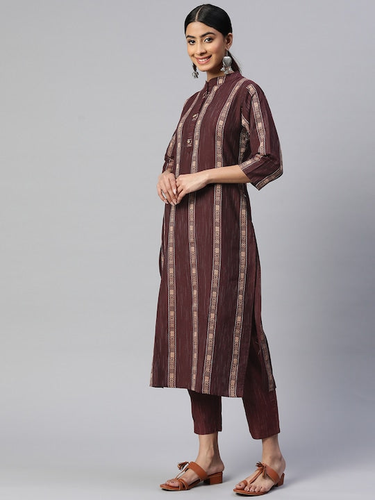 Maroon Straight Cotton Blend Kurta Set