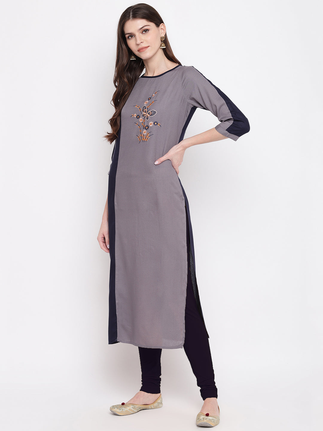 Grey & Blue Color Rayon Straight Kurti
