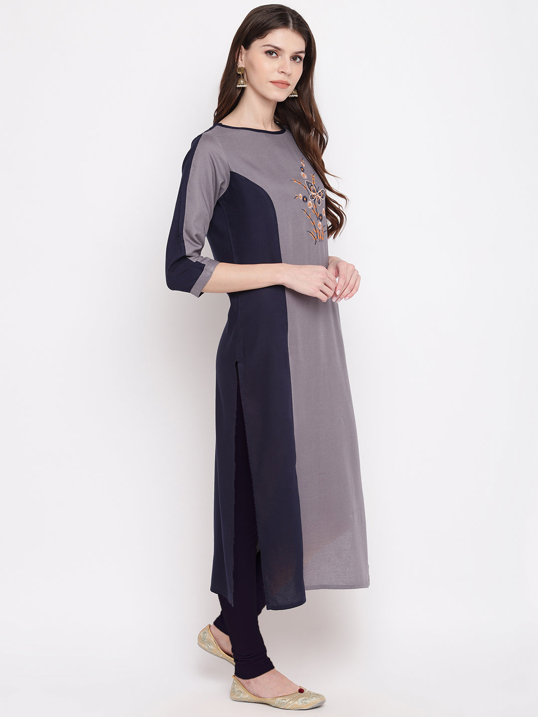 Grey & Blue Color Rayon Straight Kurti