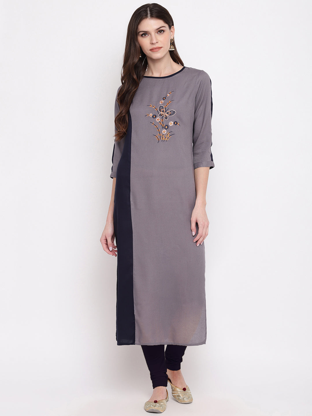 Grey & Blue Color Rayon Straight Kurti