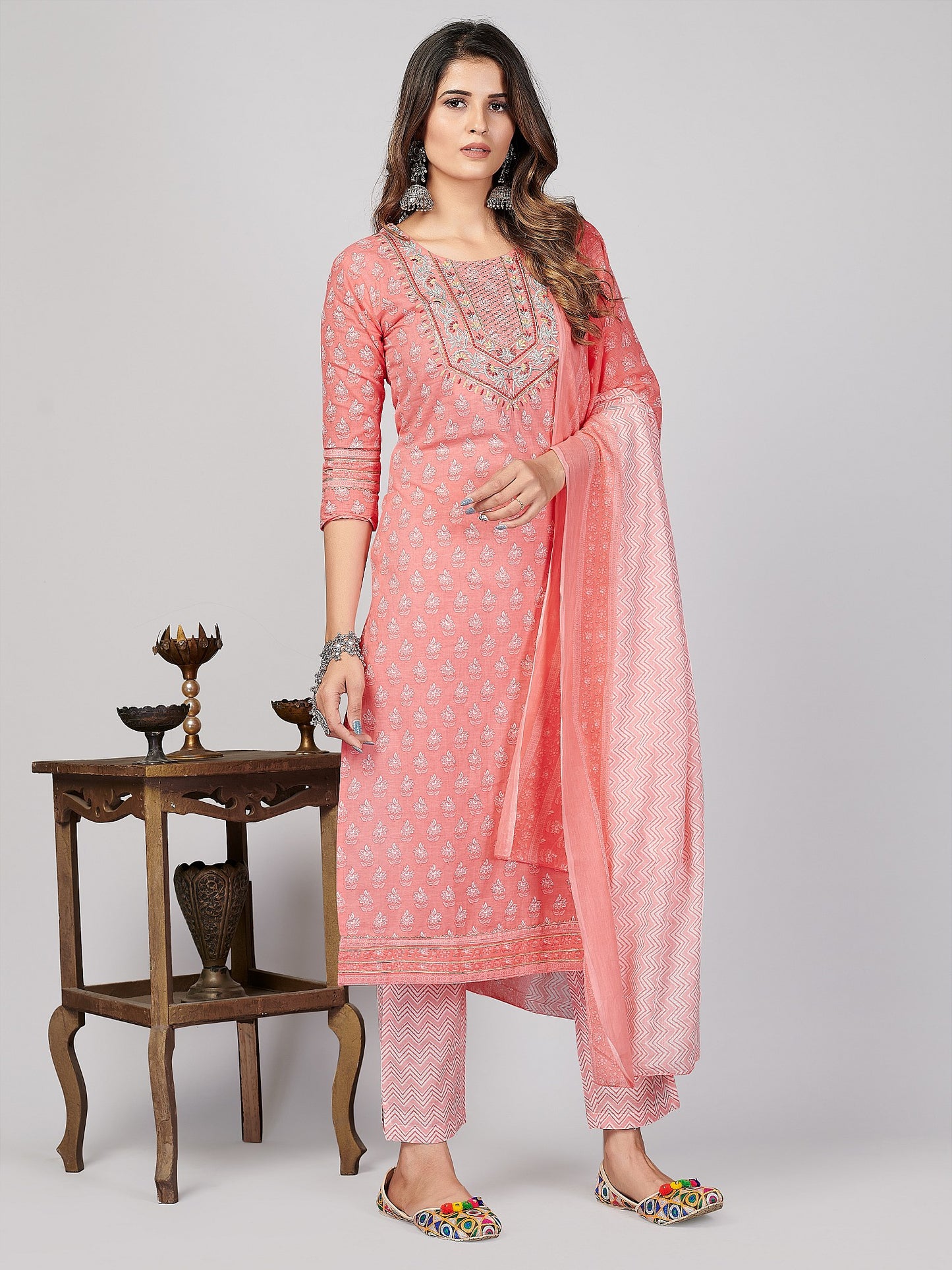 Pink Embroidered Straight Cotton Kurta Set