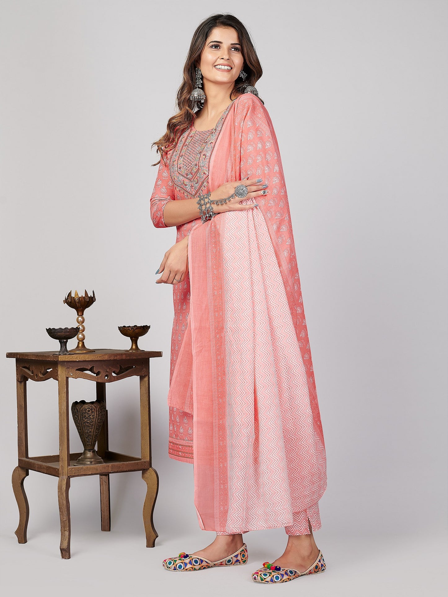 Pink Embroidered Straight Cotton Kurta Set