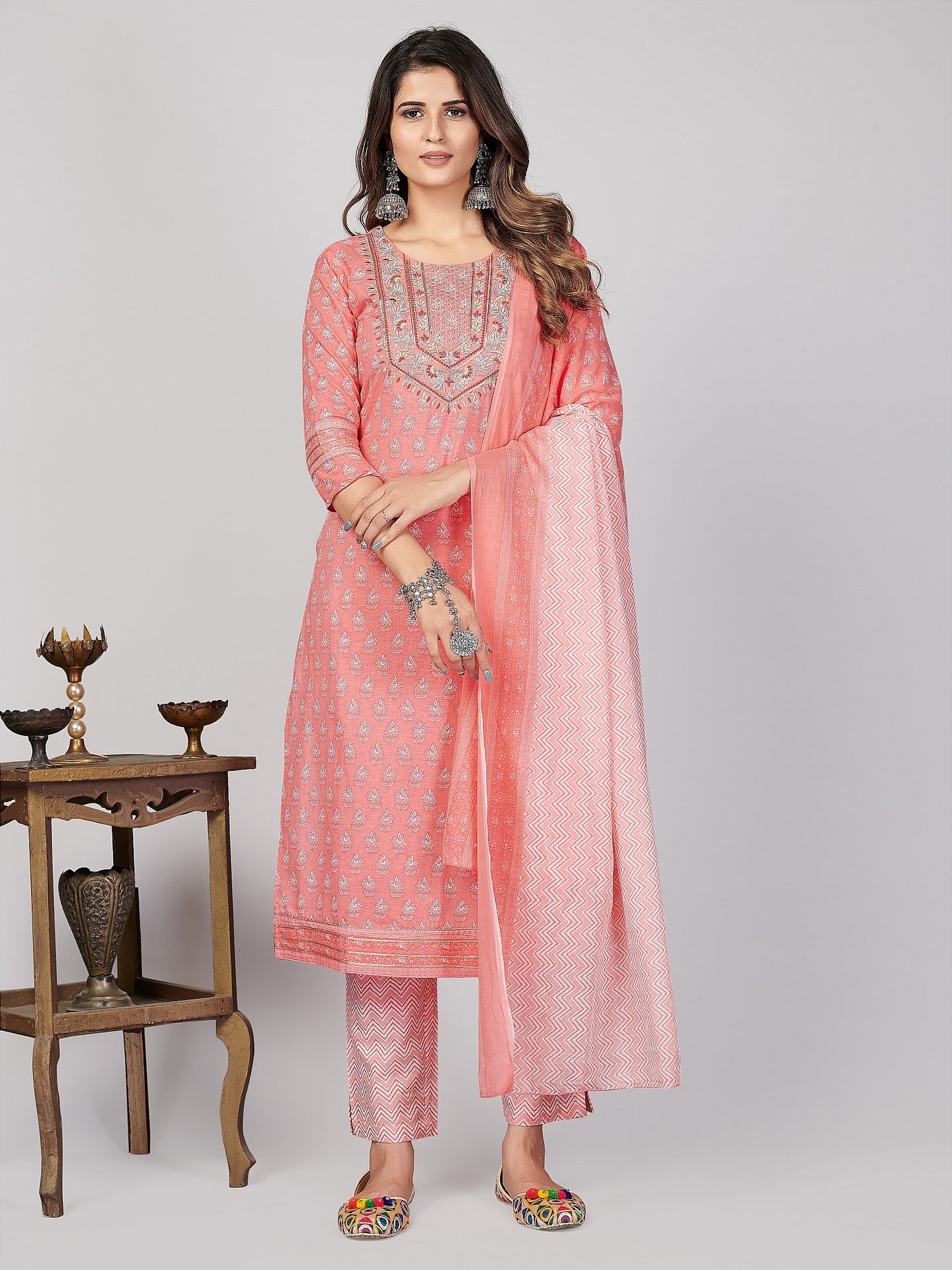 Pink Embroidered Straight Cotton Kurta Set