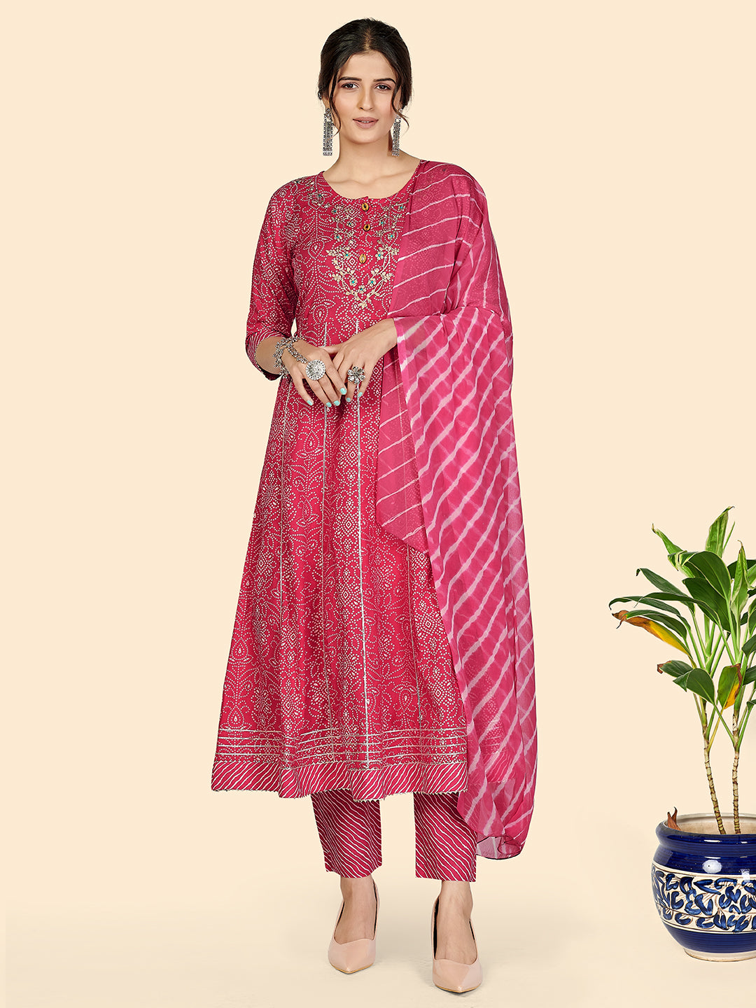 Dark Pink Bandhani Anarkali Cotton Kurta Set